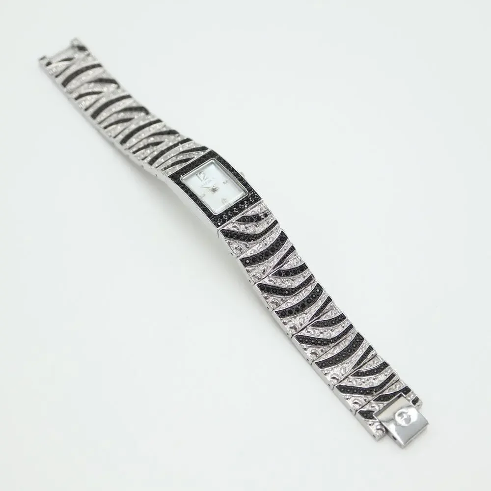 Elgin Womens Silver Tone Black Crystal Zebra Strip MOP Watch 17mm w New Battery